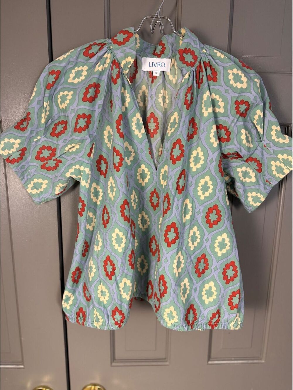 Livro Women's Mint Green Burgundy Green Geo Patterned Puff Sleeve Blouse Size S